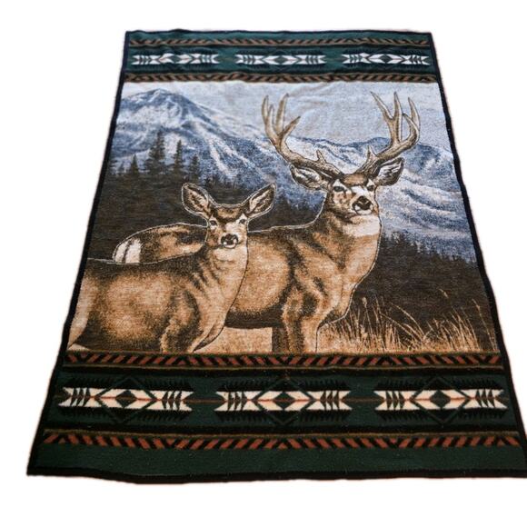 Vintage Biederlack 10 pt Whitetail Deer Reversible Blanket Aztec Western USA - Picture 1 of 7